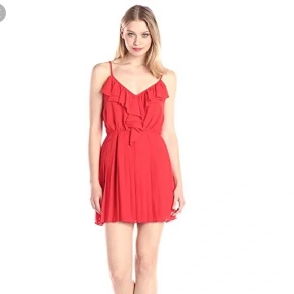 BCBG Ruffle V-Neck Red Chiffon Flowy Dress Romantic Date Night Cocktail S - Picture 1 of 10